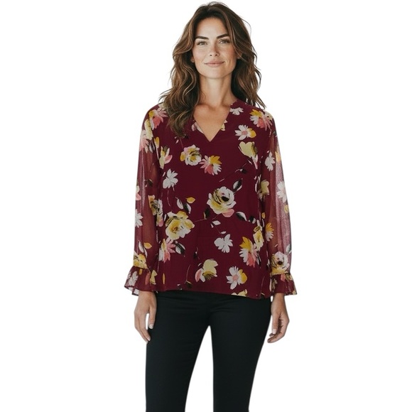 WHITE HOUSE BLACK MARKET Burgundy Long Sheer Sleeve Lined Blouse Size Medium - Picture 2 of 5